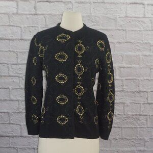 Vintage 50s Black Metallic Gold Embroidered Cardigan Sweater Medium